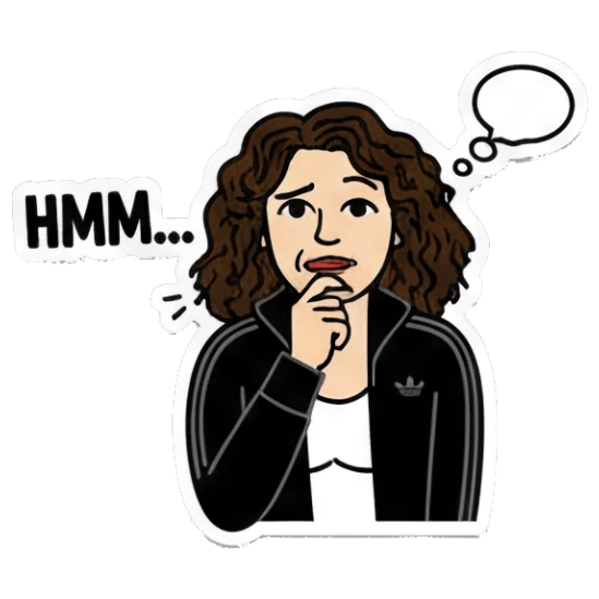 Curly-haired girl thinking with finger on chin and text HMM Curly Hair Girl Daily Vibes sticker for expressive chats and social replies.