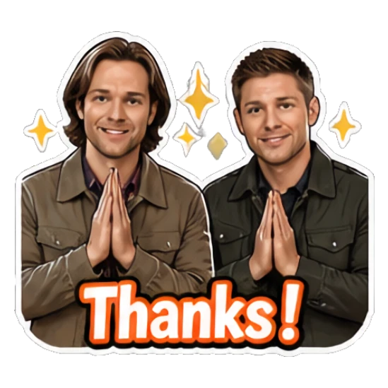 Two men with hands together in gratitude, text 'Thanks!' Supernatural Duo Vibes sticker for expressive chats and social replies.