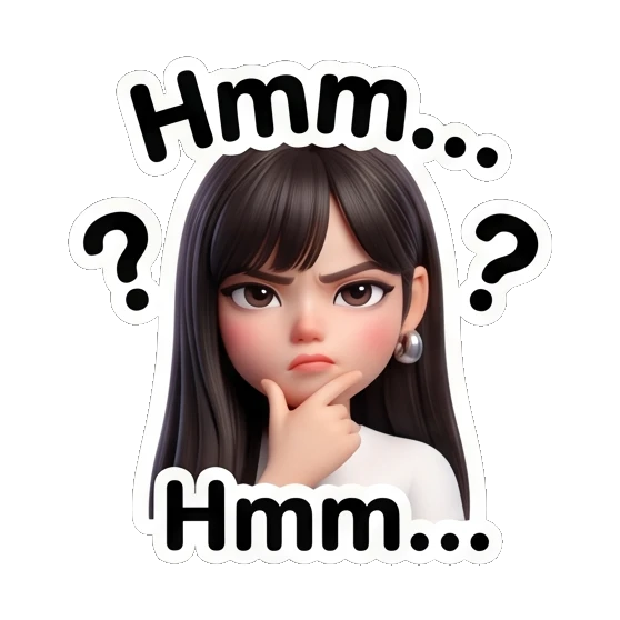 Thoughtful girl resting chin on hand with 'Hmm...' text Cute 3D Girl Expressions sticker for expressive chats and social replies.