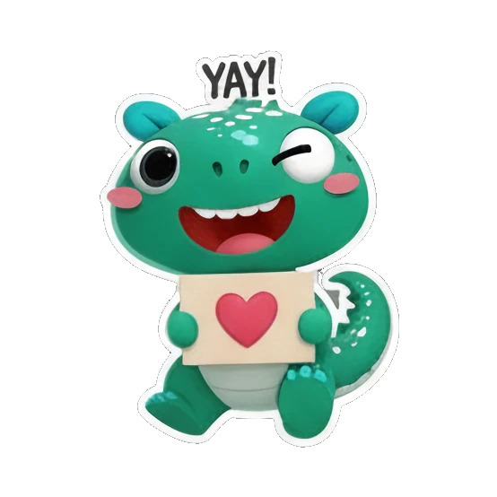 Cute dino holding a heart sign with YAY text Cheerful Green Dino Adventures sticker for expressive chats and social replies.