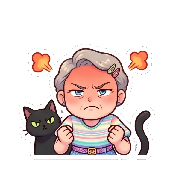 Grandma looking angry with steam coming out of her ears and a cat. Cheerful Grandma Adventures sticker for expressive chats and social replies.