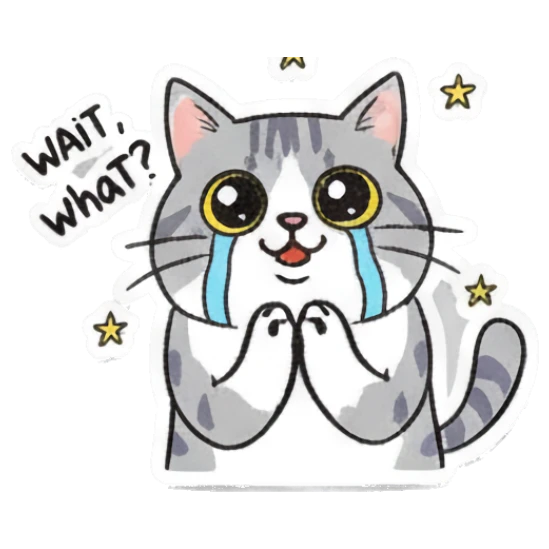 Confused gray cat crying with text Wait what? Playful Gray Tabby Diary sticker for expressive chats and social replies.