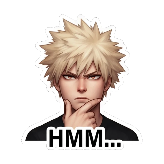 Spiky hair boy looking thoughtful with a hand on his chin. Spiky Hair Anime Boy Expressions sticker for expressive chats and social replies.