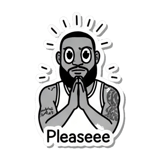 Basketball player with wide eyes looking up, text Pleaseee. King James Pop Art Vibes sticker for expressive chats and social replies.