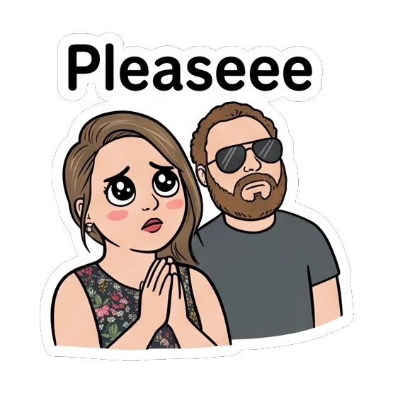 Woman looking pleadingly with hands together with text Pleaseee Couple Vibes Daily sticker for expressive chats and social replies.
