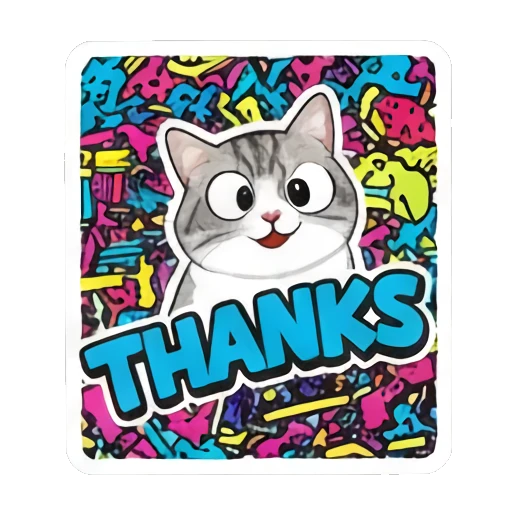 Cat with wide eyes saying THANKS with blue text Retro Graffiti Cat Vibes sticker for expressive chats and social replies.