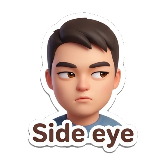 Boy giving a skeptical side-eye glance with text Side eye. Cheerful 3D Boy Expressions sticker for expressive chats and social replies.