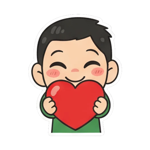 Boy holding a big red heart with love Cheerful Green Shirt Boy sticker for expressive chats and social replies.