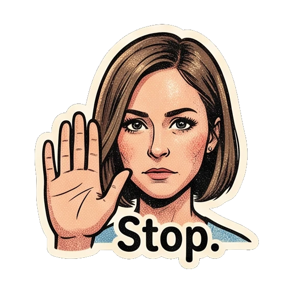 Young woman holding up a hand to stop with 'Stop.' text Retro Comic Girl Expressions sticker for expressive chats and social replies.