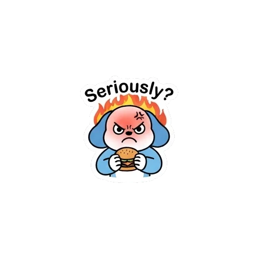 Angry puppy with fire background saying Seriously Blue Puppy Burger Buddy sticker for expressive chats and social replies.