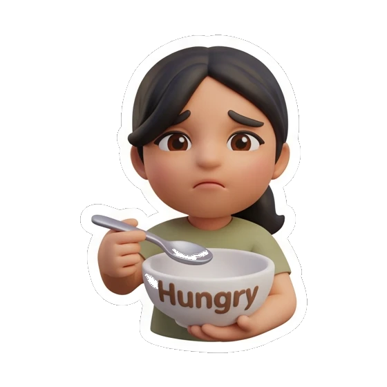 Girl holding a bowl with Hungry text, hungry. Cheerful Girl Daily Life sticker for expressive chats and social replies.