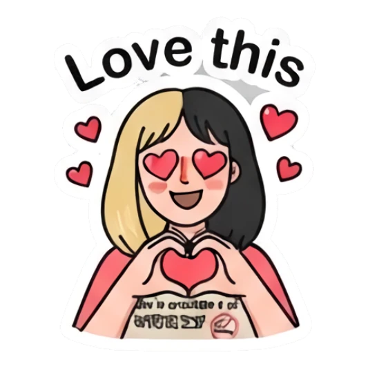 双色发女孩比出爱心手势，文字Love this Two-Tone Girl Daily Vibes sticker for expressive chats and social replies.