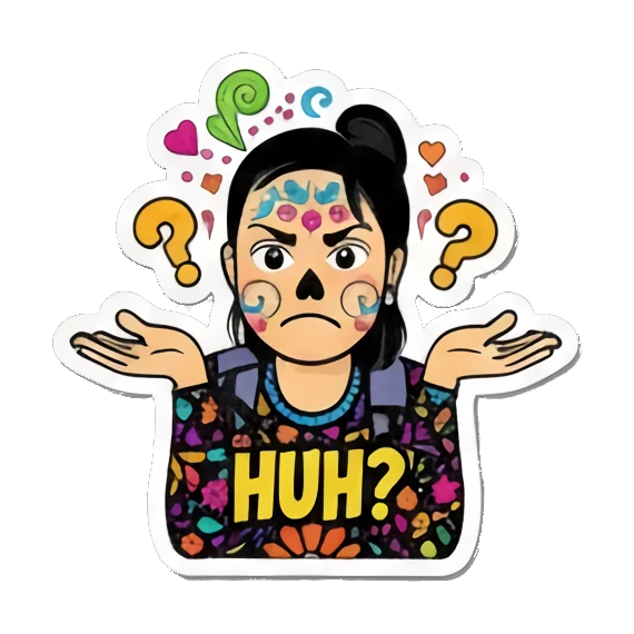 女孩困惑不解, 疑问表情, 挠头思考, 不知道啊, 糖骷髅问, 怎么回事 Día de Muertos Diva sticker for expressive chats and social replies.