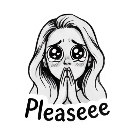 Girl begging with puppy eyes saying Pleaseee Doodle Girl Expressions sticker for expressive chats and social replies.