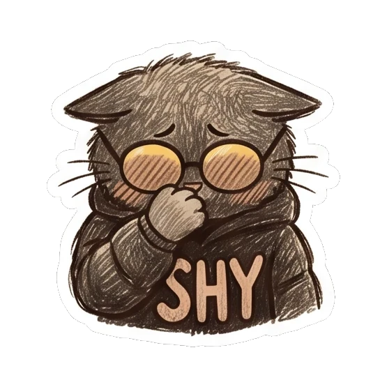 Shy cat covering mouth with hand and text SHY. Furry Doodle Cat Daily sticker for expressive chats and social replies.