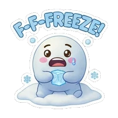Freezing snow creature holding an ice cube with F-F-FREEZE text. Snowy Buddy Adventures sticker for expressive chats and social replies.