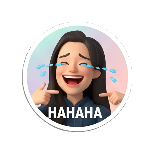Young woman laughing with tears of joy, text HAHAHA My Daily 3D Avatar sticker for expressive chats and social replies.