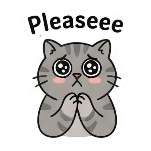 Grey cat looking pleading with big eyes and text Pleaseee Grumpy Grey Cat Daily sticker for expressive chats and social replies.