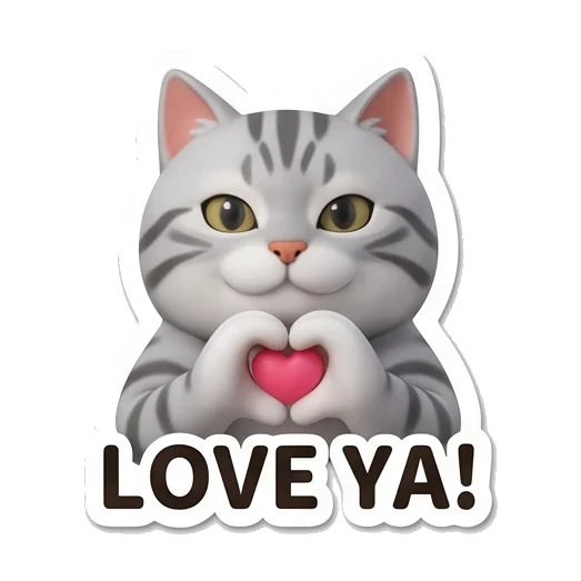 Gray tabby cat making a heart shape with paws with LOVE YA text Cheerful Gray Tabby Cat sticker for expressive chats and social replies.