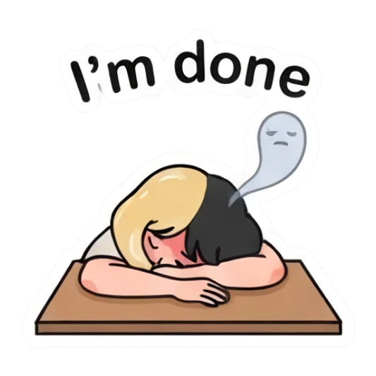 双色发女孩趴在桌上灵魂出窍，文字I'm done Two-Tone Girl Daily Vibes sticker for expressive chats and social replies.
