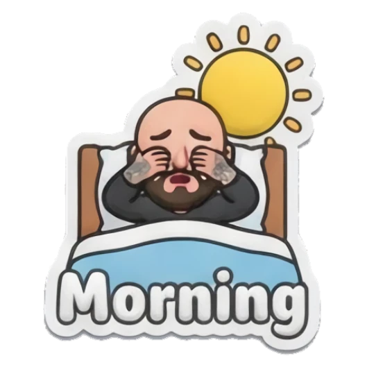 Bearded man sleeping in bed with sun rising, text Morning Bearded Buddy Daily Vibes sticker for expressive chats and social replies.