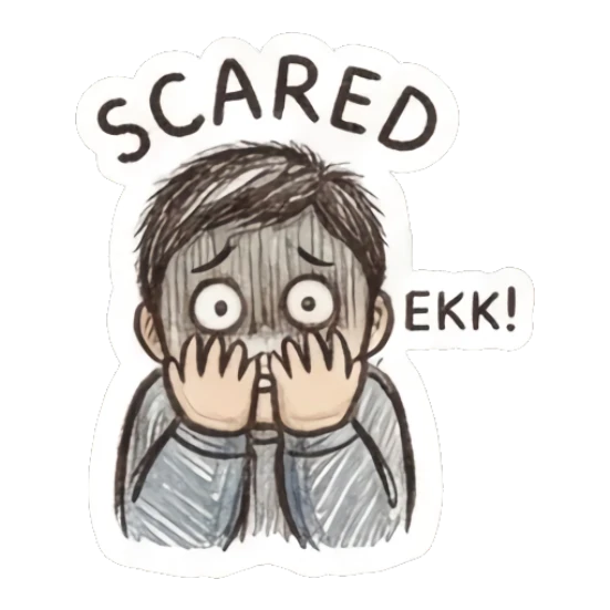 Scared boy covering face with text SCARED EKK. Little Boy Doodle Expressions sticker for expressive chats and social replies.