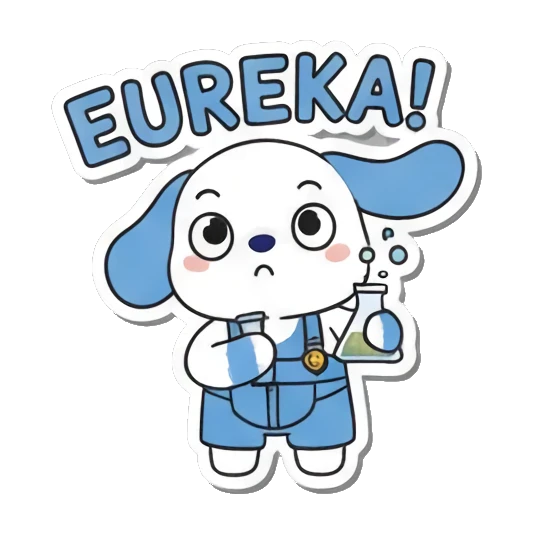 Puppy holding flask with EUREKA! Little Scientist Puppy sticker for expressive chats and social replies.