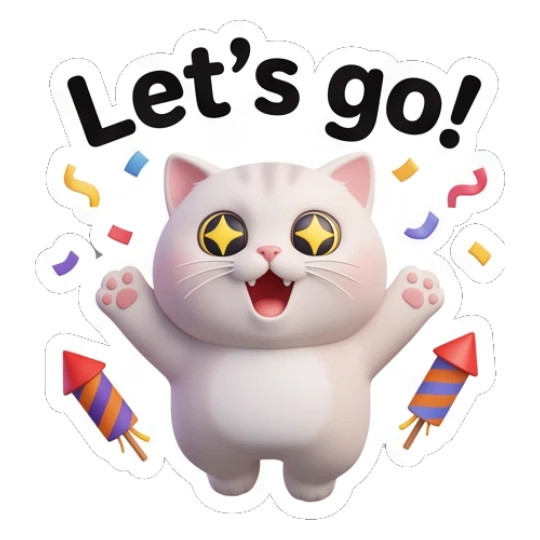White cat with star eyes celebrating with fireworks saying Let's go!. Whimsical White Cat Adventures sticker for expressive chats and social replies.
