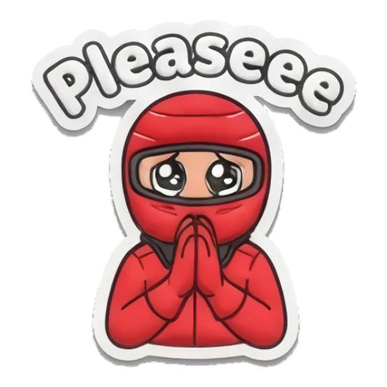 Racer pleading with puppy eyes and folded hands Red Racer Mascot sticker for expressive chats and social replies.