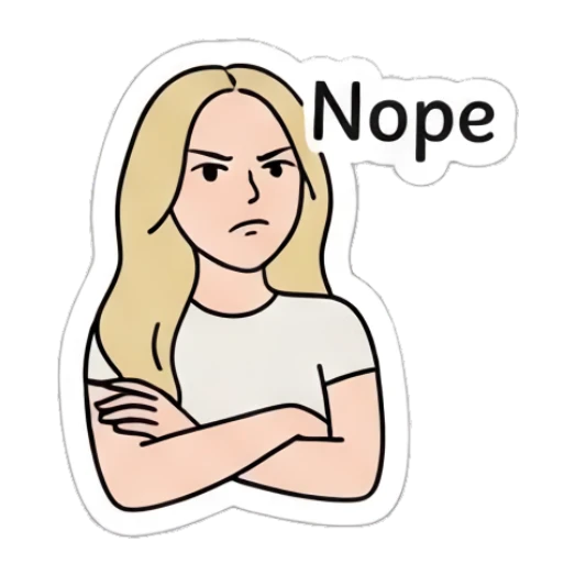 Blonde girl with crossed arms looking annoyed and text Nope Blonde Girl Daily Vibes sticker for expressive chats and social replies.