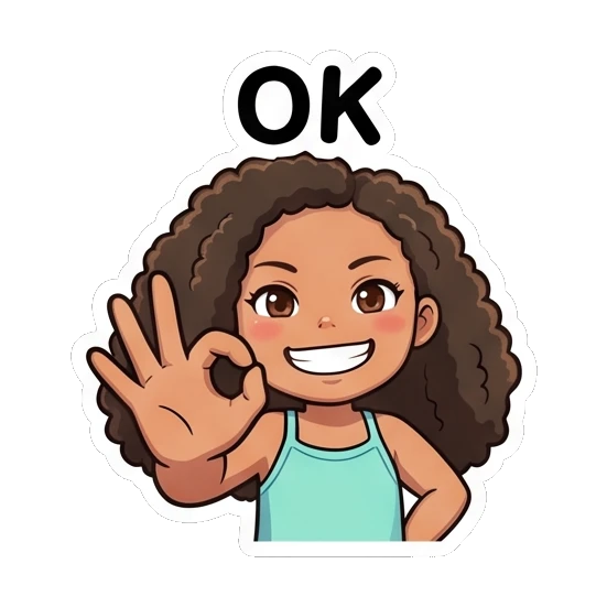 卷发女孩比OK手势，自信表情 Curly Haired Girl Expressions sticker for expressive chats and social replies.