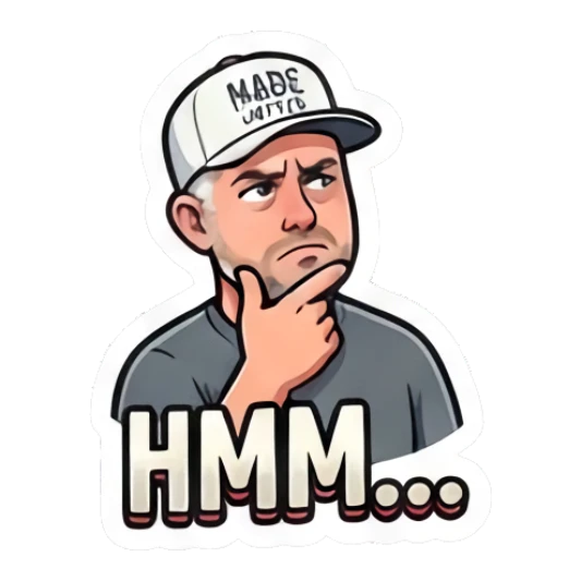 Man looking thoughtful with a hand on chin and text HMM... Coffee Shop Guy Daily Vibes sticker for expressive chats and social replies.