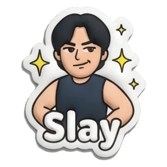 Boy posing confidently with sparkles and text Slay Puffy Boy Daily Vibes sticker for expressive chats and social replies.