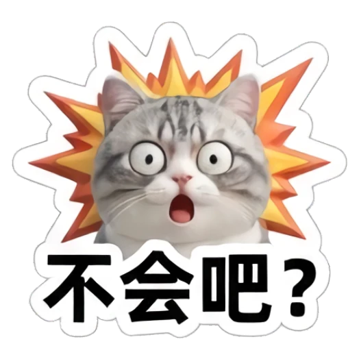 Shocked gray cat with an explosion background, text '不会吧？' Sporty Gray Cat Adventures sticker for expressive chats and social replies.