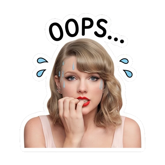 Taylor Swift looking nervous, biting nails, text OOPS... Taylor Swift Iconic Expressions sticker for expressive chats and social replies.