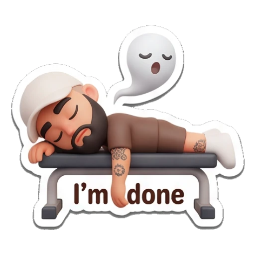 Man lying exhausted on a bench with ghost spirit, text 'I'm done' Gym Bro Daily Life sticker for expressive chats and social replies.