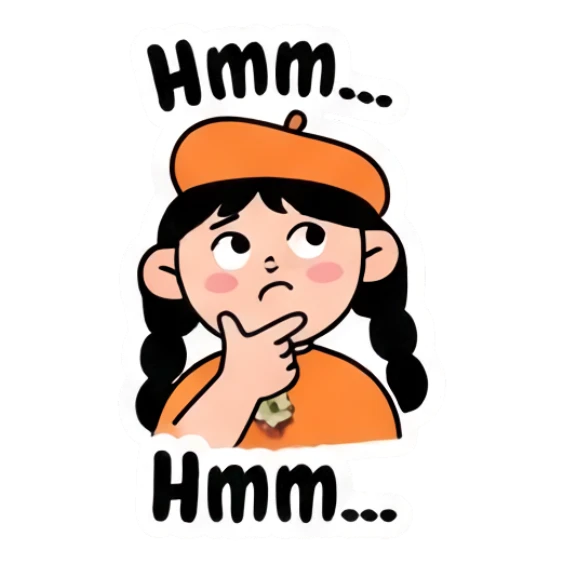 Girl thinking with hand on chin, Hmm text Beret Girl Daily Vibes sticker for expressive chats and social replies.