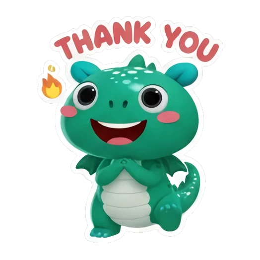 Green dinosaur smiling with fire icons and THANK YOU text Little Green Dino Adventures sticker for expressive chats and social replies.