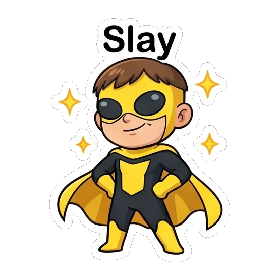Superhero boy standing heroically with hands on hips. Yellow Hero Adventures sticker for expressive chats and social replies.