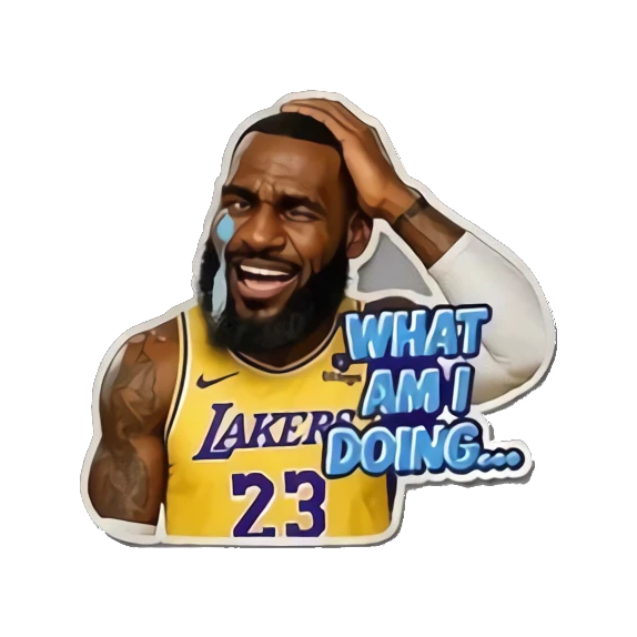 LeBron holding head in confusion with text WHAT AM I DOING... LeBron Court Vibes sticker for expressive chats and social replies.