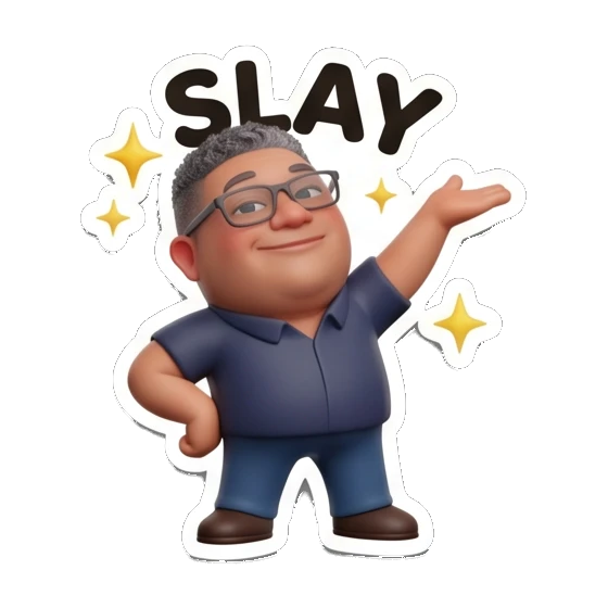 Man with glasses standing confidently with text SLAY Office Guy Expressions sticker for expressive chats and social replies.