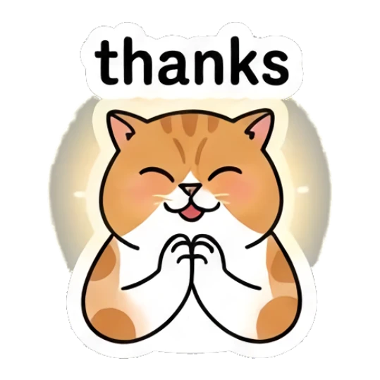 Grateful ginger cat with hands together and 'thanks' text. Ginger Cat Daily Vibes sticker for expressive chats and social replies.