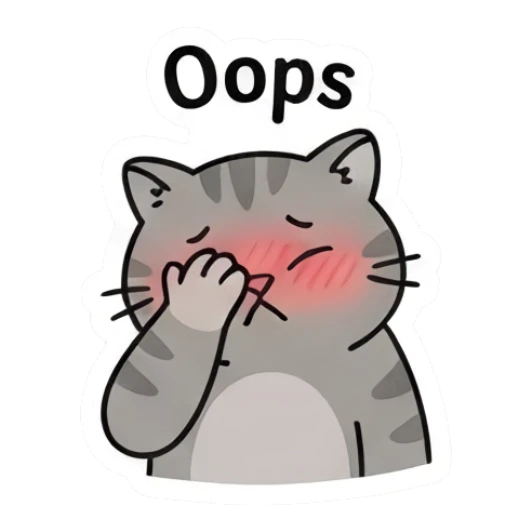 Grey cat blushing and covering face with paws and text Oops Grumpy Grey Cat Daily sticker for expressive chats and social replies.