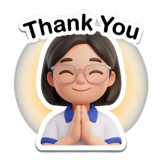 Girl with glasses with hands together in a prayer gesture saying Thank You. Cheerful Glasses Girl Daily sticker for expressive chats and social replies.