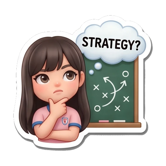 Girl thinking in front of strategy board with STRATEGY text Soccer Girl Daily Life sticker for expressive chats and social replies.