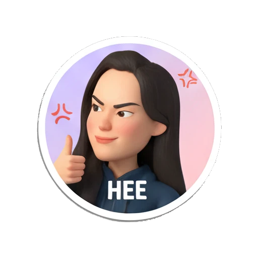 Young woman giving a thumbs up with a smirk, text HEE My Daily 3D Avatar sticker for expressive chats and social replies.
