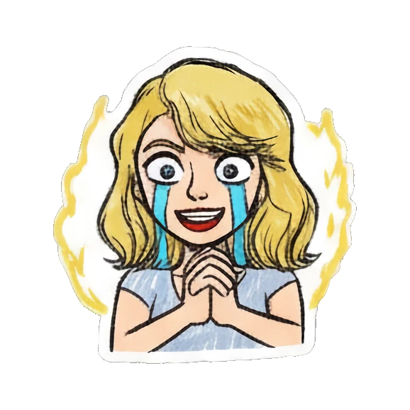 Blonde girl crying with hands together and text Blonde Girl Doodle Diary sticker for expressive chats and social replies.