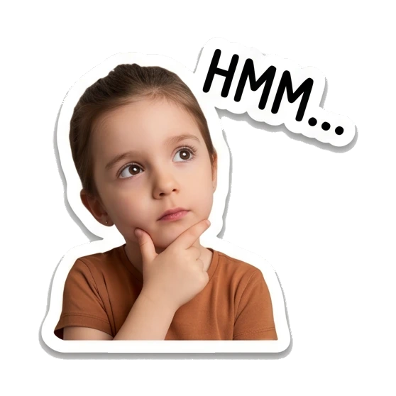 Young girl looking thoughtful with a hand on her chin. Little Girl Daily Expressions sticker for expressive chats and social replies.