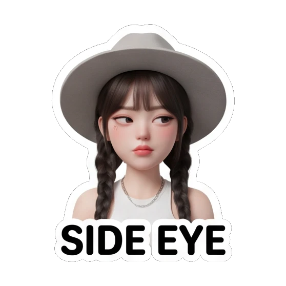 Girl with hat giving side eye, text SIDE EYE Chic Hat Girl Expressions sticker for expressive chats and social replies.
