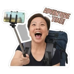 Woman taking selfie, 'ADVENTURE TIME!' Travel Adventures sticker for expressive chats and social replies.